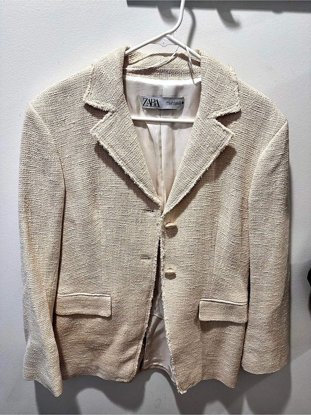 Zara Textured Tweed Blazer with Pearl Buttons Beige Medium